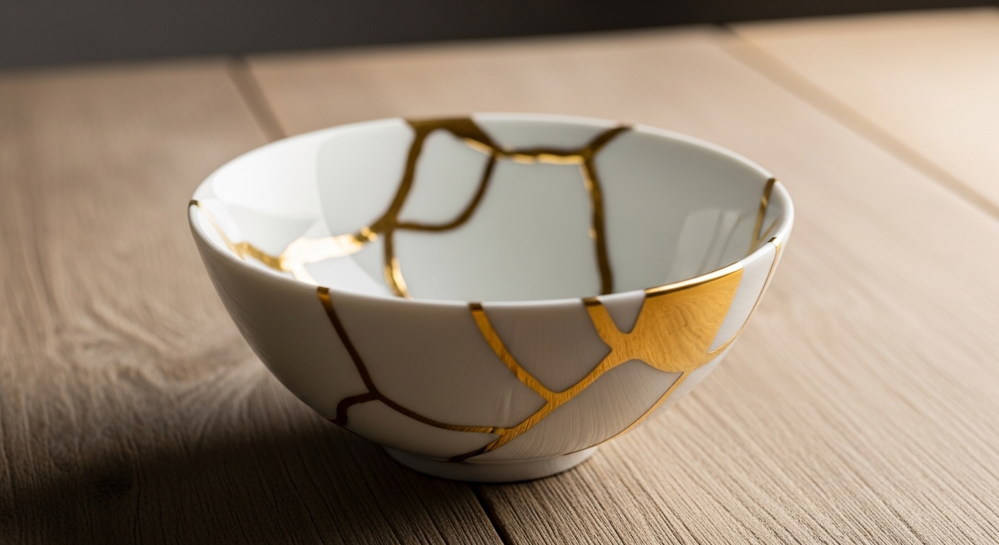 Peça de cerâmica restaurada pela técnica japonesa do kintsugi